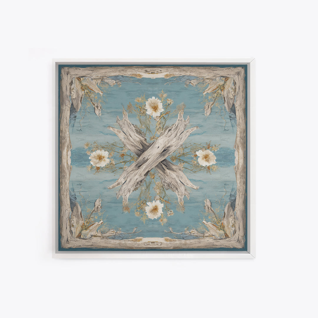 Driftwood and Wildflowers on Sand Framed Canvas Print, Beach Art, Coastal Decor, Oil Painting, Shore, Boho Decor, BEA-1x1-70