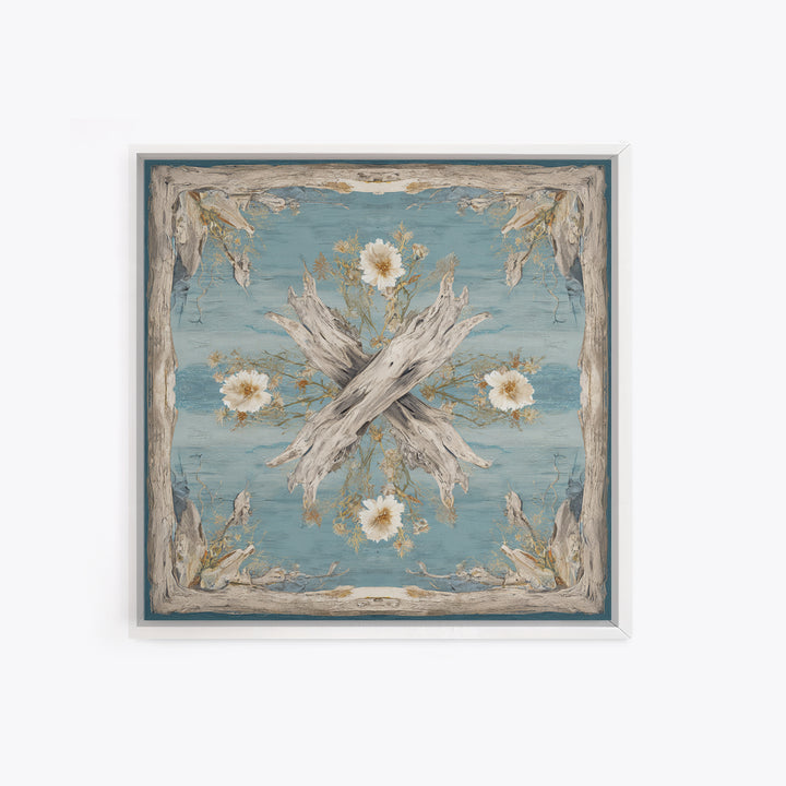 Driftwood and Wildflowers on Sand Framed Canvas Print, Beach Art, Coastal Decor, Oil Painting, Shore, Boho Decor, BEA-1x1-70