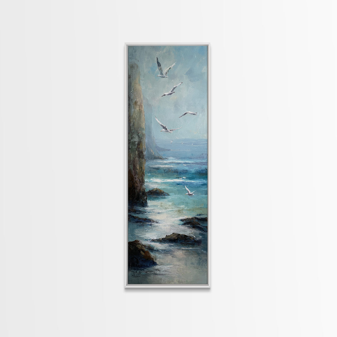 Coastal Cliffs with Gulls and Sea Spray Framed Canvas Print, Beach Art, Digital Wall Art, Coastal Decor, Fine Art, Shore, BEA-1x3-47