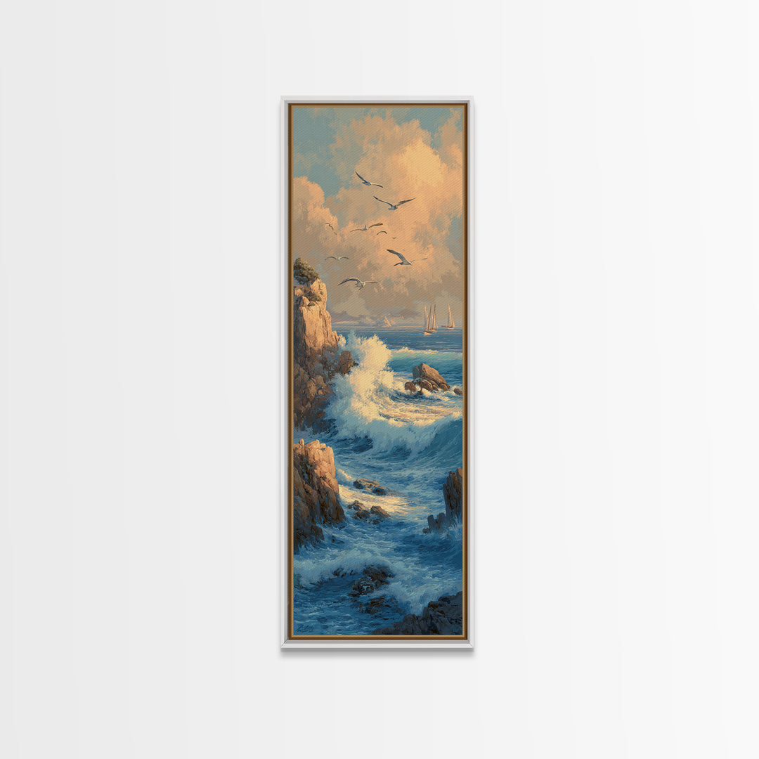 Coastal Cliffs with Gulls and Sea Spray Framed Canvas Print, Beach Art, Nautical Decor, Coastal Decor, Fine Art, Shore, BEA-1x3-71