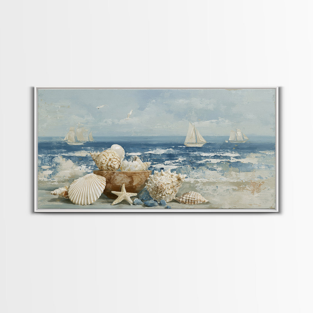 Nautical Rope and Shell Still Life Framed Canvas Print, Beach Art, Minimalist Decor, Coastal Decor, Shore, Original Art, BEA-2x1-13