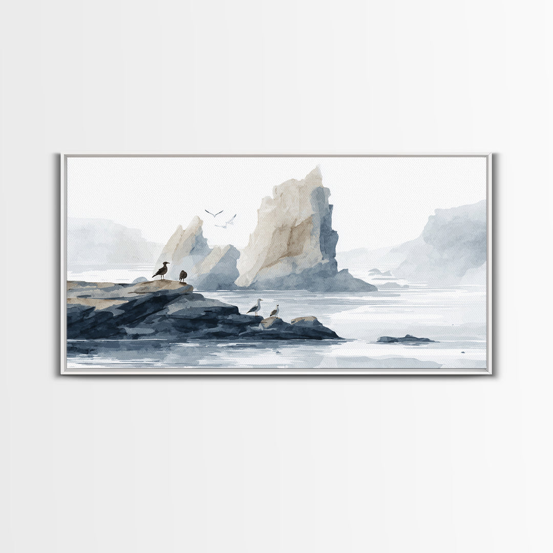 Coastal Cliffs with Gulls and Sea Spray Framed Canvas Print, Beach Art, Art, Coastal Decor, Fine Art, Shore, Abstract Wall Art, BEA-2x1-7