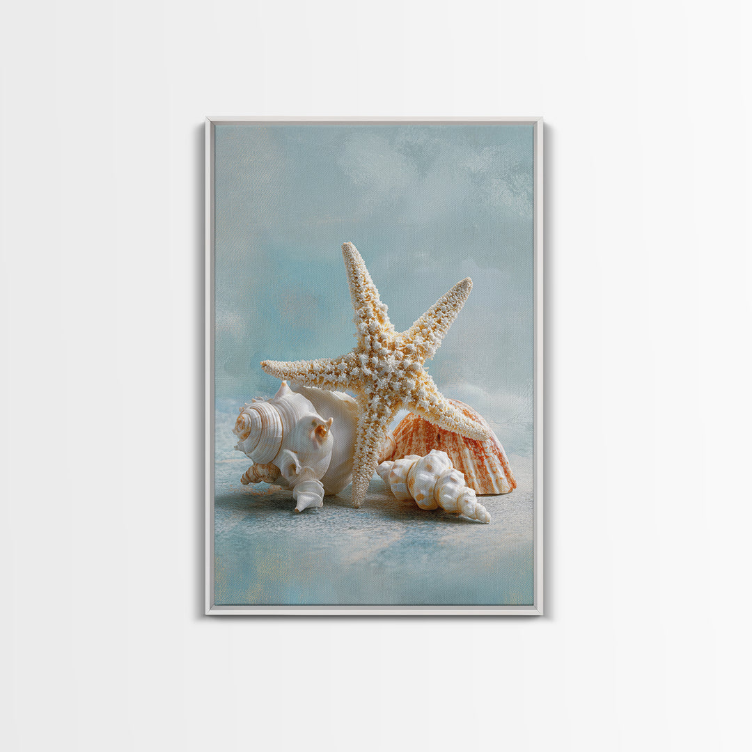 Sun Bleached Starfish and Shells Still Life Framed Canvas Print, Beach Art, Coastal Decor, Oil Painting, Shore, BEA-2x3-21