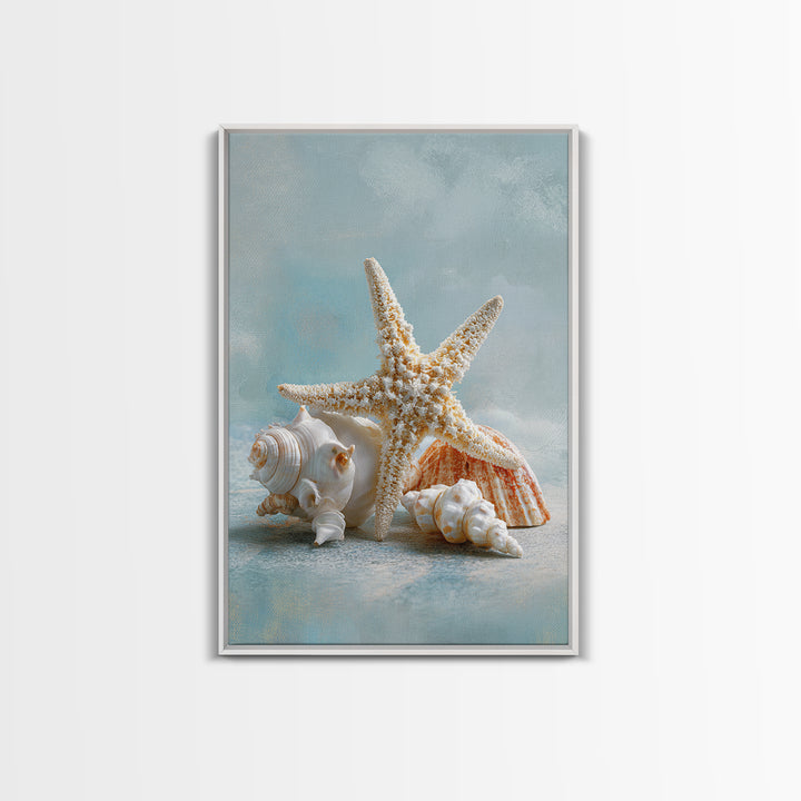 Sun Bleached Starfish and Shells Still Life Framed Canvas Print, Beach Art, Coastal Decor, Oil Painting, Shore, BEA-2x3-21