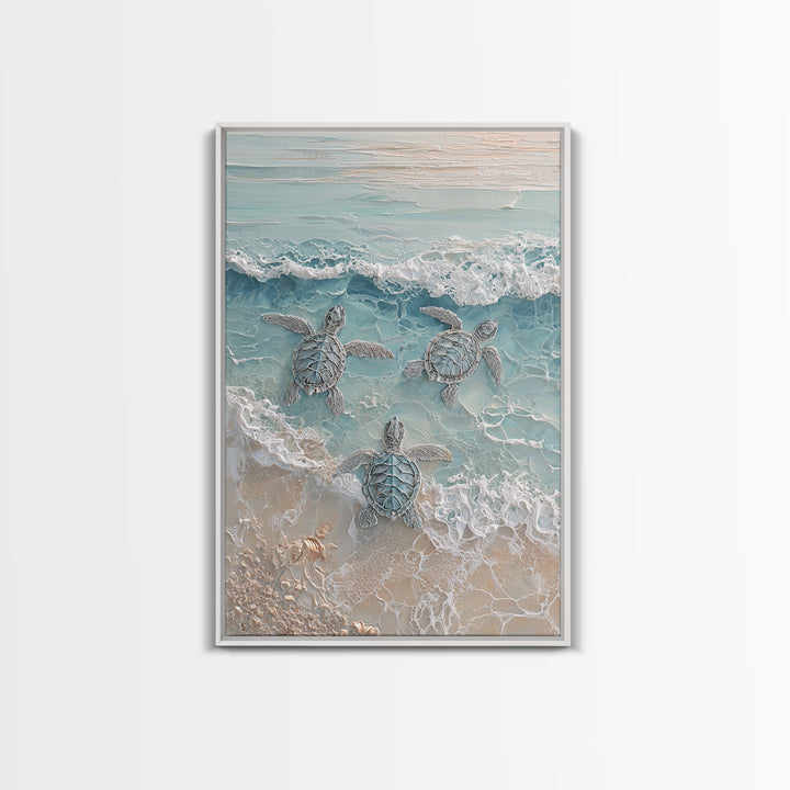 Family of Sea Turtles Crossing Moonlit Sand Framed Canvas Print, Beach Art, Textured Painting, Coastal Decor, Fine Art, Shore, BEA-2x3-22