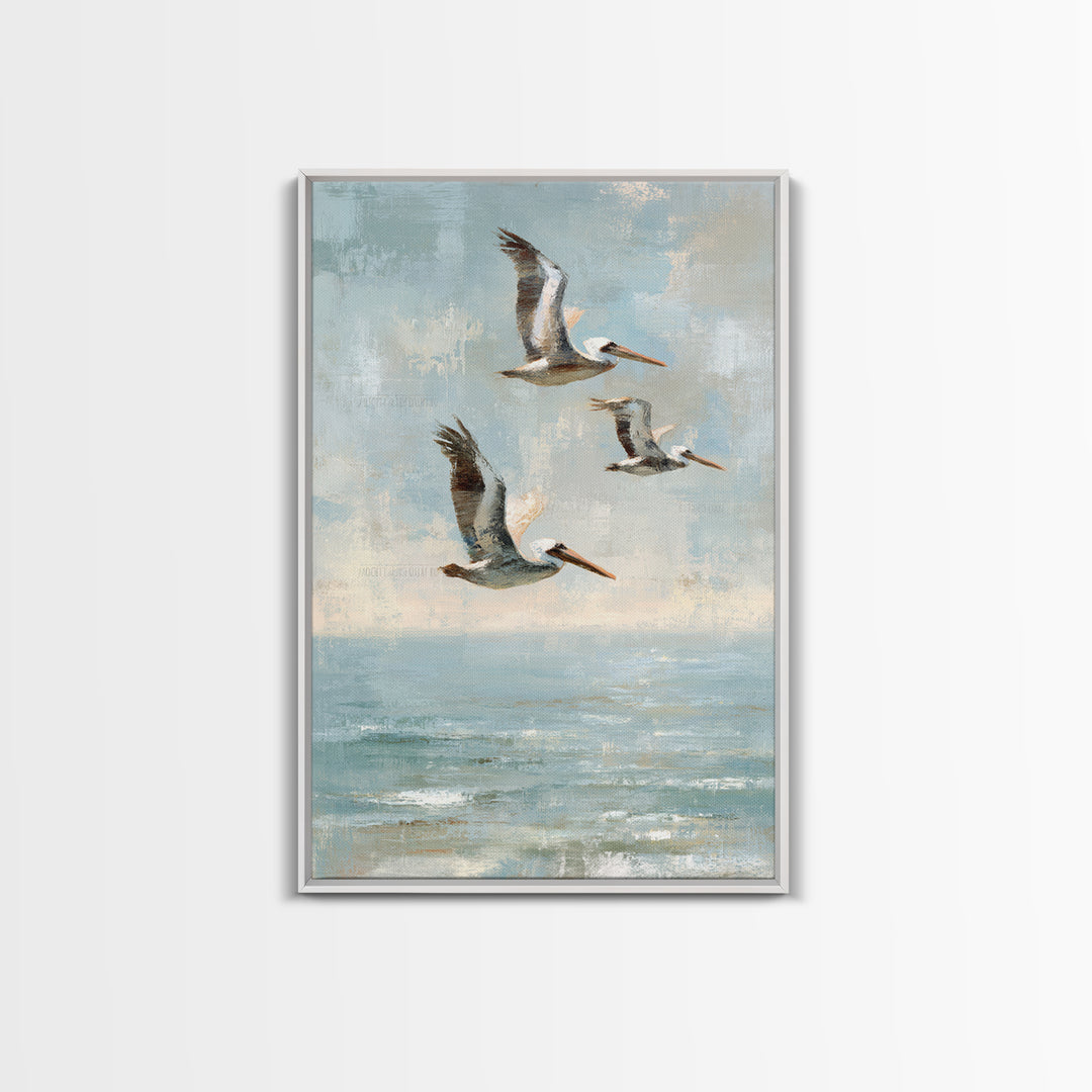 Pelicans Flying Low Framed Canvas Print, Beach Art, Beach Print, Coastal Decor, Fine Art, Shore, Textured Painting, BEA-2x3-3
