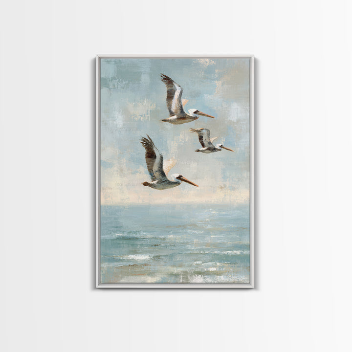 Pelicans Flying Low Framed Canvas Print, Beach Art, Beach Print, Coastal Decor, Fine Art, Shore, Textured Painting, BEA-2x3-3