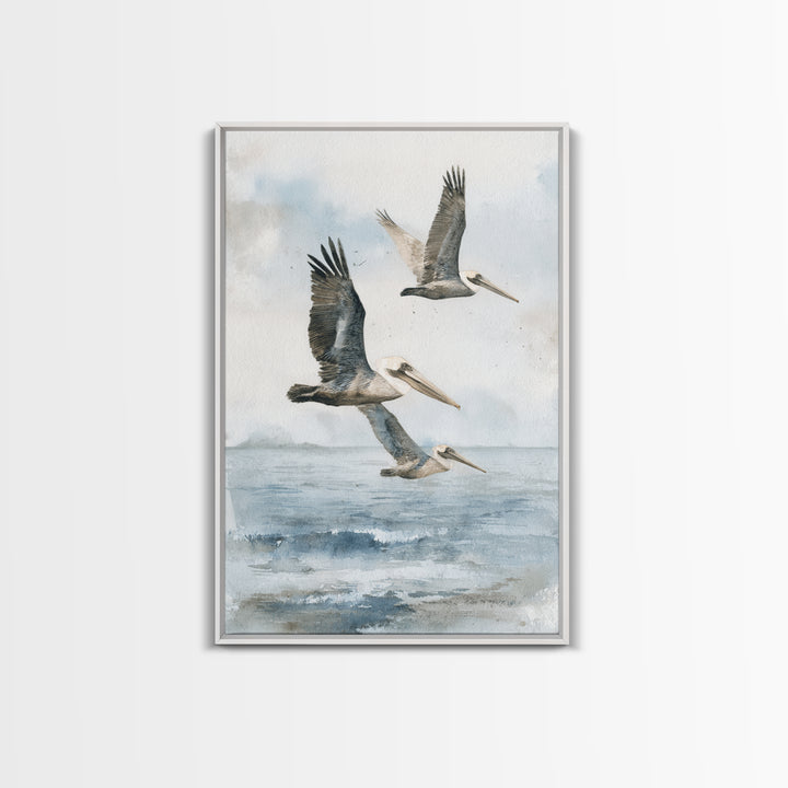 Pelicans Flying Low Framed Canvas Print, Beach Art, Room Decor, Coastal Decor, Oil Painting, Shore, Original Painting, BEA-2x3-51