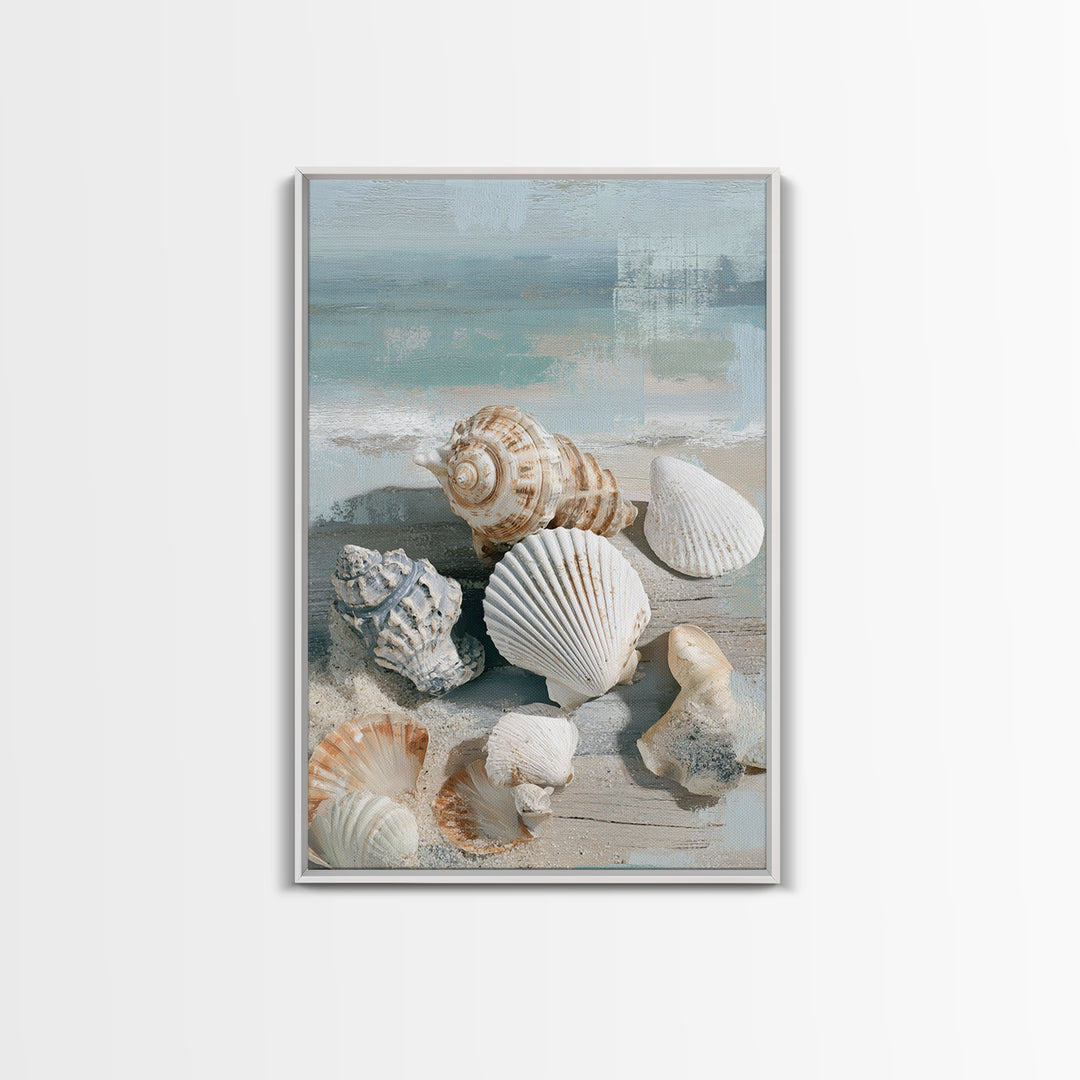 Seashell Collection Painted Like Natural Specimens Framed Canvas Print, Beach Art, Wall Art, Coastal Decor, Fine Art, Shore, BEA-2x3-60