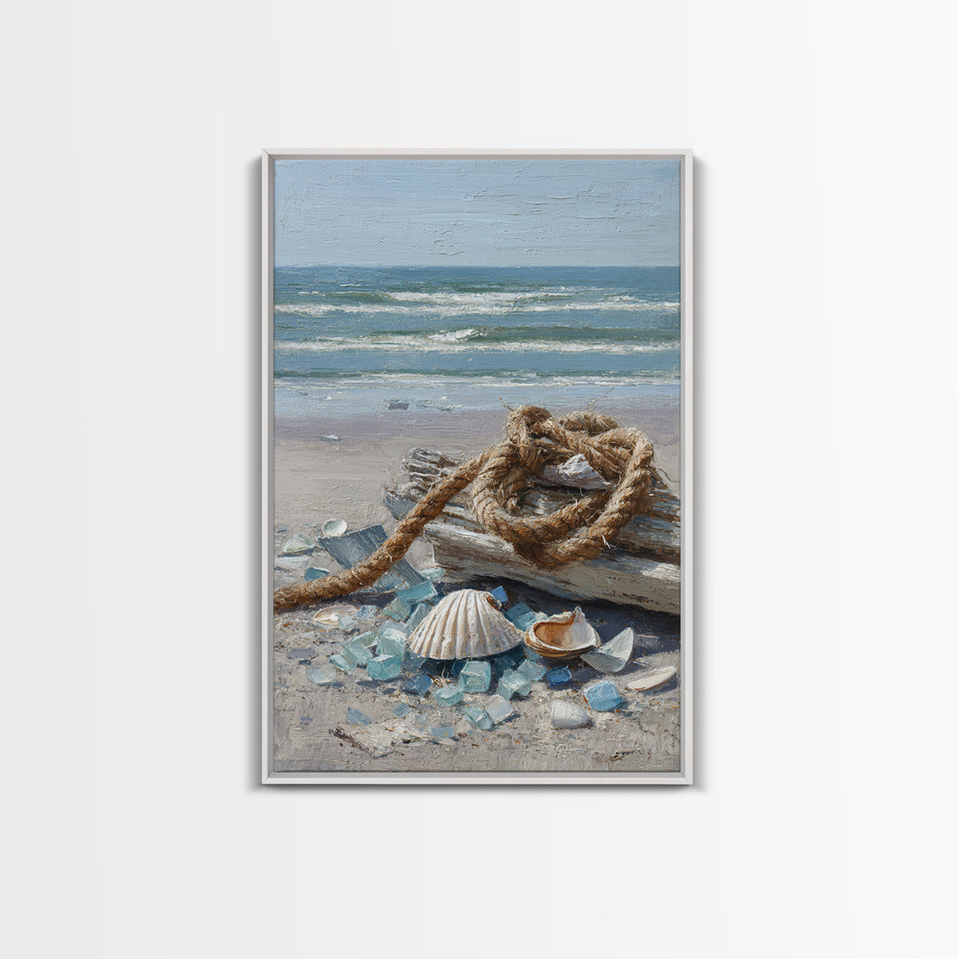 Nautical Rope and Shell Still Life Framed Canvas Print, Beach Art, Original Art, Coastal Decor, Fine Art, Shore, Beach Decor, BEA-2x3-97