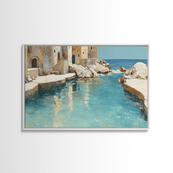 Mediterranean Cove with Clear Water Framed Canvas Print, Beach Art, Whimsical Decor, Coastal Decor, Shore, Beach Print, BEA-3x2-24