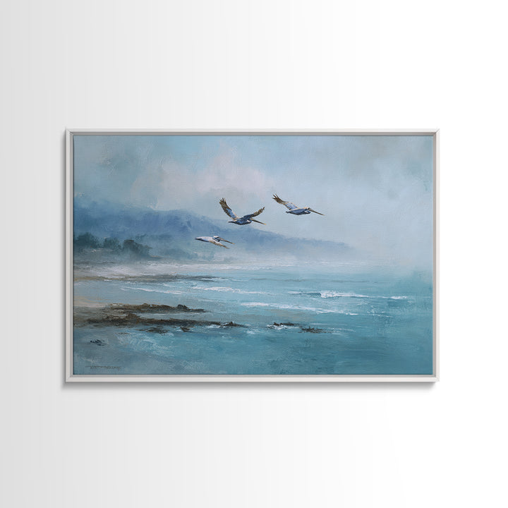 Pelicans Flying Low Framed Canvas Print, Beach Art, Room Decor, Coastal Decor, Oil Painting, Shore, Original Painting, BEA-3x2-47