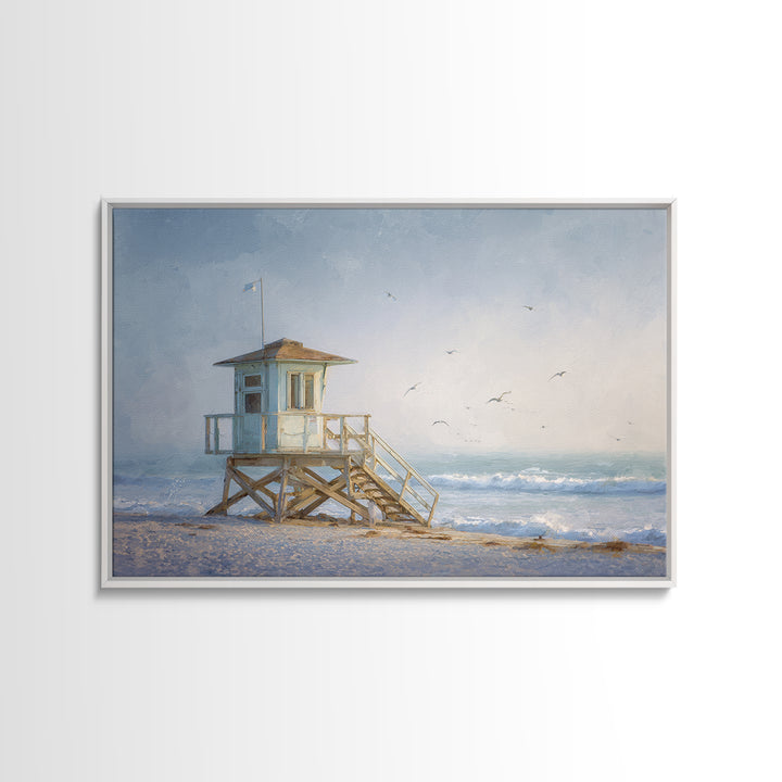 Quiet Lifeguard Tower at Golden Hour Framed Canvas Print, Beach Art, Coastal Decor, Oil Painting, Shore, Whimsical Decor, BEA-3x2-55