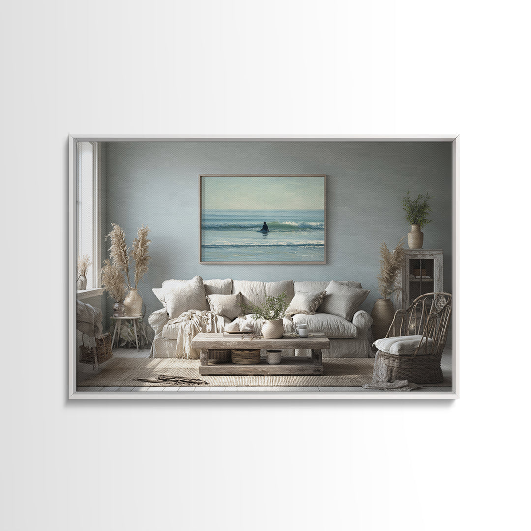 Surfer Silhouette Riding a Glassy Wave Framed Canvas Print, Beach Art, Art, Coastal Decor, Oil Painting, Shore, BEA-3x2-91