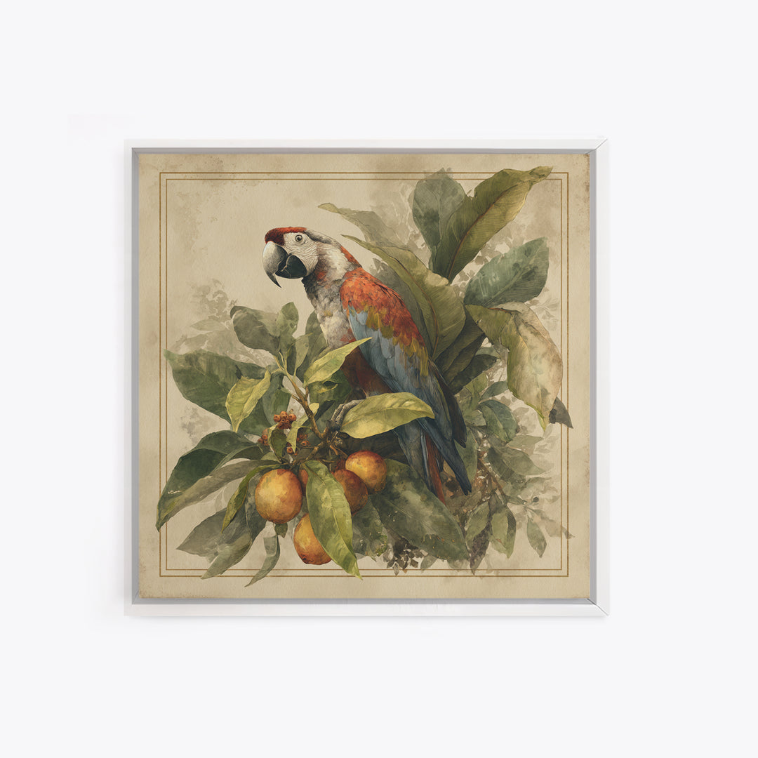 Parrot Among Tropical Leaves and Fruit Canvas Print, Bird Art, Living Room Art, Living Room Decor, Watercolor Art, Flight, BIR-1x1-13