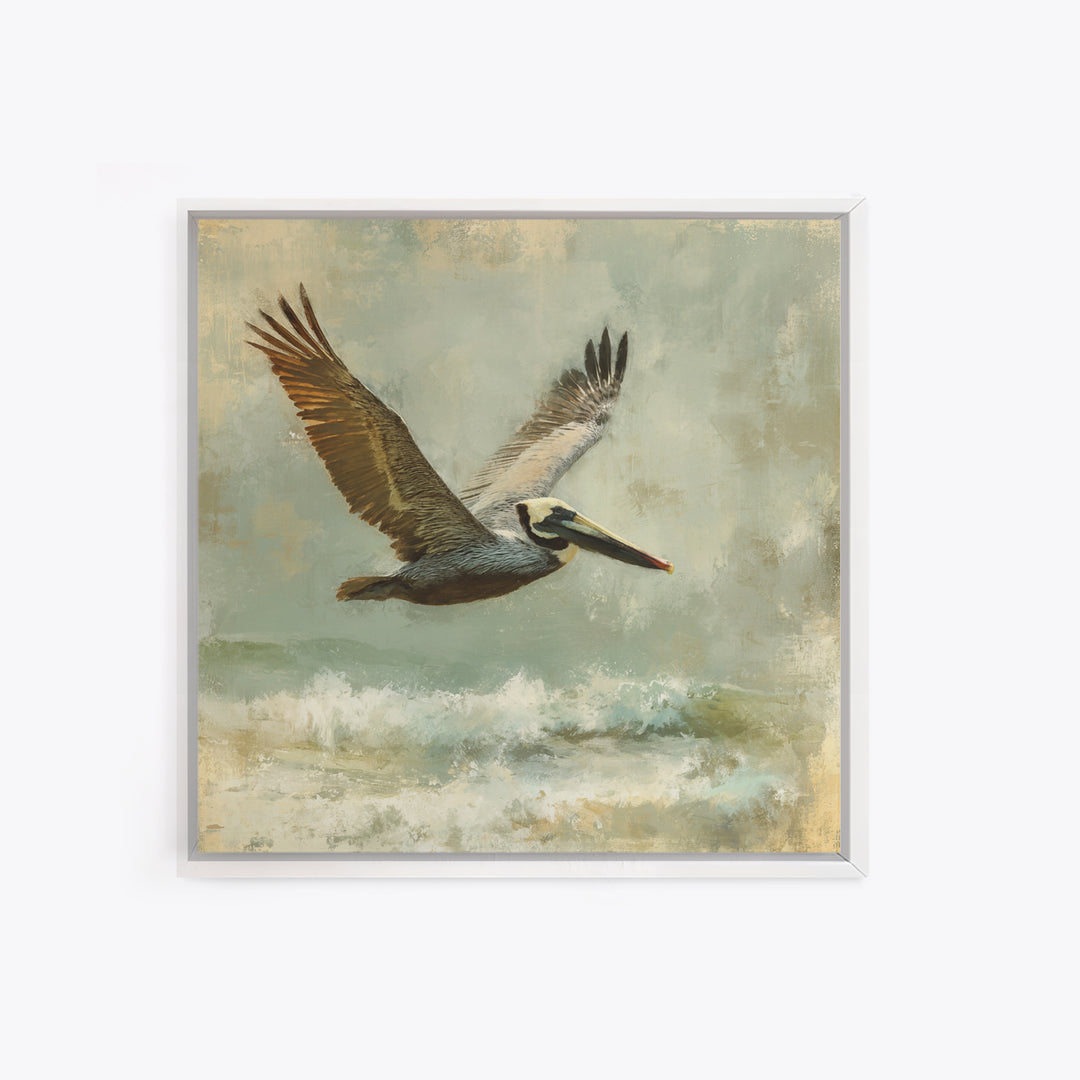 Pelican Flying over Coastal Waves Canvas Print, Bird Art, Modern Art, Living Room Decor, Fine Art, Flight, Floral Art, BIR-1x1-18