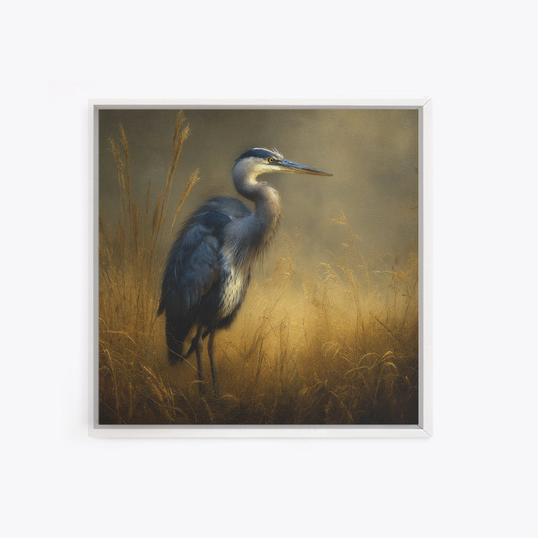 Blue Heron in Misty Marsh Grass Framed Canvas Print, Bird Art, Gallery Wall, Living Room Decor, Fine Art, Flight, Gallery Decor, BIR-1x1-2