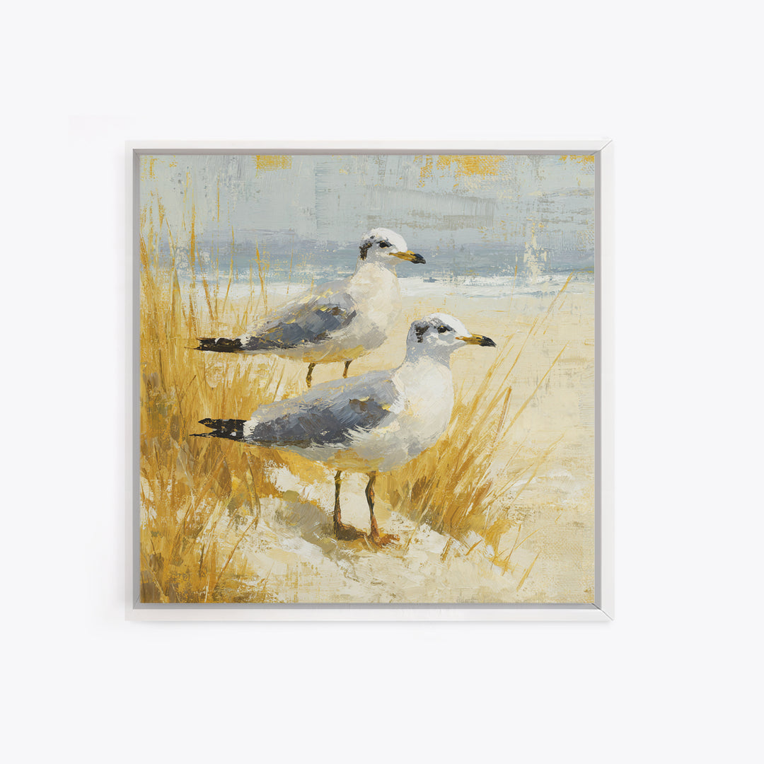 Seagulls Above a Pale Beach Horizon Canvas Print, Bird Art, Mid Century Modern, Living Room Decor, Flight, Botanical Wall Art, BIR-1x1-20