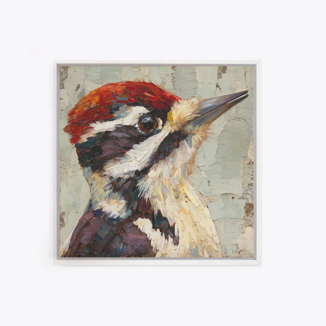 Woodpecker on Birch Bark Texture Framed Canvas Print, Bird Art, Bird Wall Art, Living Room Decor, Fine Art, Flight, Art Print, BIR-1x1-21