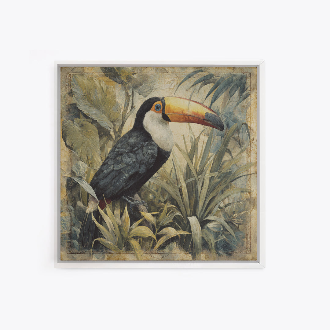 Toucan Framed by Bold Jungle Foliage Canvas Print, Bird Art, Printable Art, Living Room Decor, Flight, Mid Century Wall Art, BIR-1x1-23