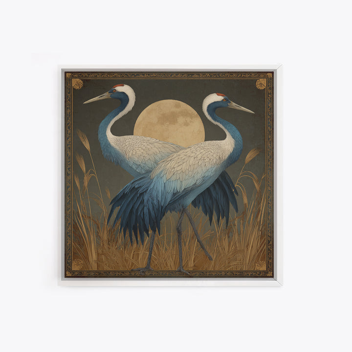 Pair of Cranes Dancing Framed Canvas Print, Bird Art, Living Room Decor, Fine Art, Flight, Rustic Home Decor, Floral Art, BIR-1x1-27