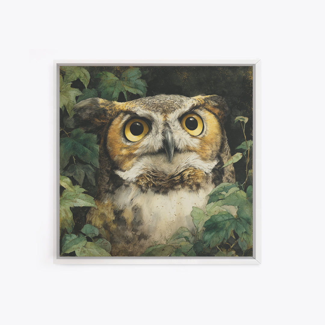 Owl Portrait with Wise Golden Eyes Framed Canvas Print, Bird Art, Fine Art Print, Living Room Decor, Fine Art, Flight, BIR-1x1-29