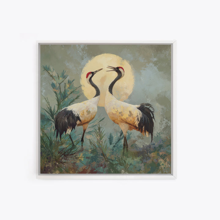 Pair of Cranes Dancing Canvas Print, Bird Art, Farmhouse Decor, Living Room Decor, Abstract Art, Flight, Digital Download Art, BIR-1x1-3