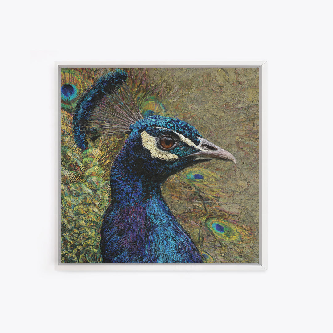 Peacock with Jewel Tone Feather Pattern Canvas Print, Bird Art, Modern Art, Living Room Decor, Fine Art, Flight, Floral Art, BIR-1x1-31