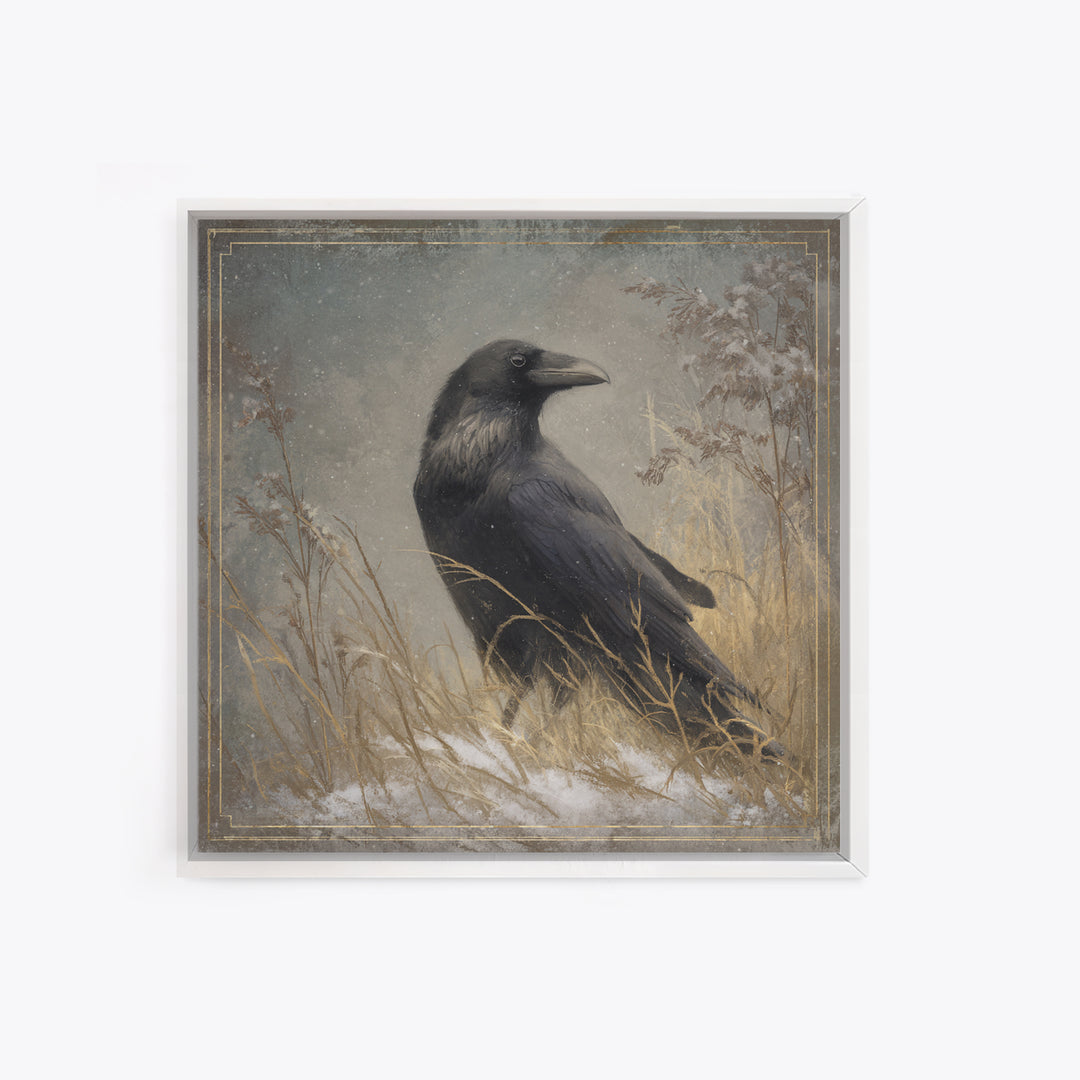 Raven Silhouette with Gothic Atmosphere Framed Canvas Print, Bird Art, Statement Artwork, Living Room Decor, Abstract Art, BIR-1x1-33