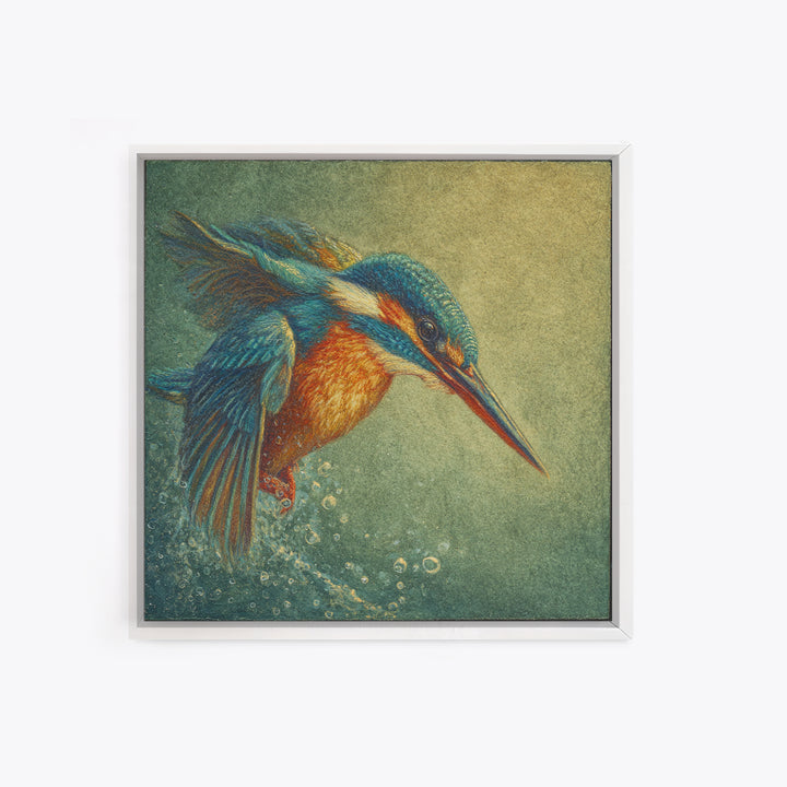 Kingfisher Diving Toward Blue Water Canvas Print, Bird Art, Botanical Wall Art, Living Room Decor, Flight, Forest Wall Art, BIR-1x1-35