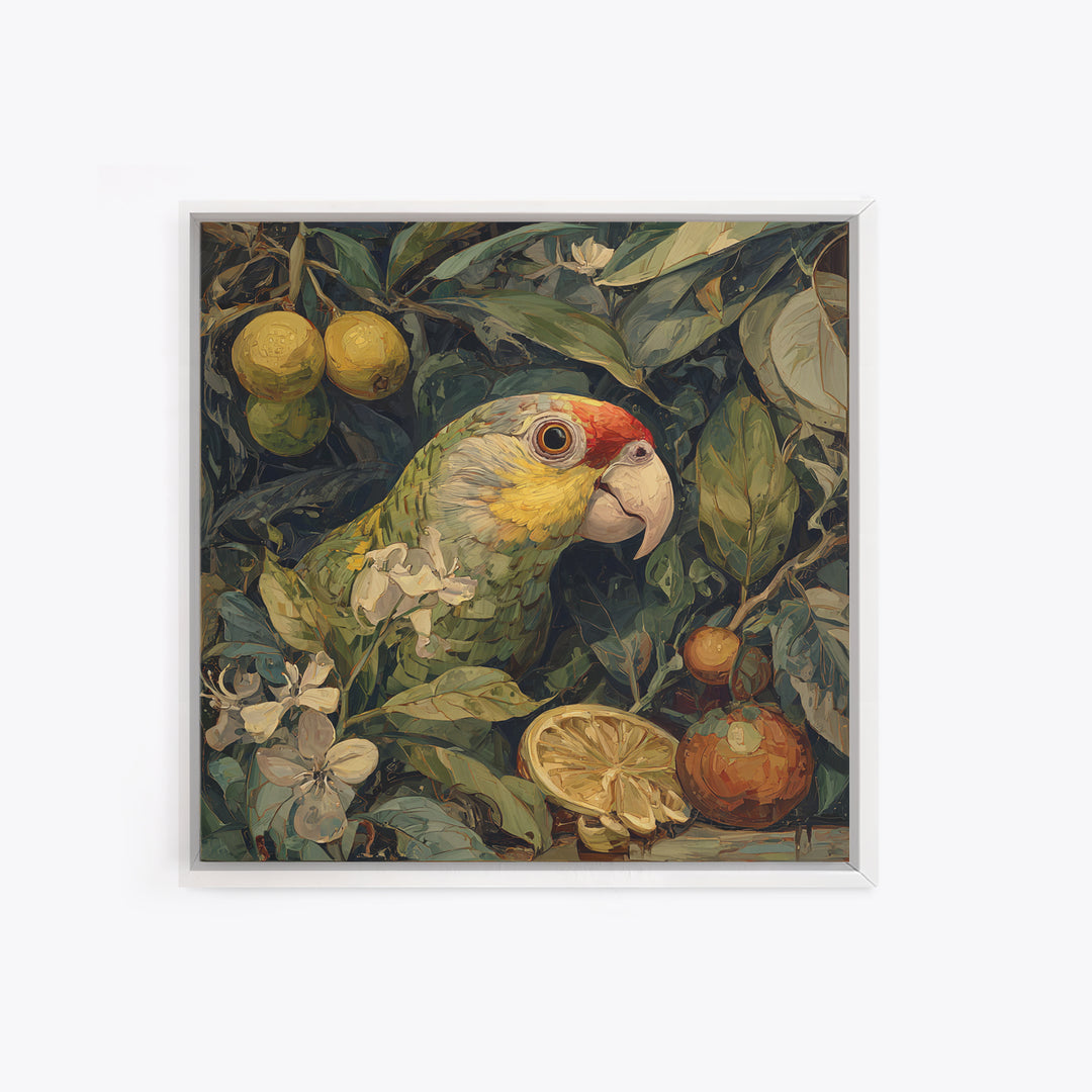 Parrot Among Tropical Leaves and Fruit Framed Canvas Print, Bird Art, Forest Wall Art, Living Room Decor, Oil Painting, Flight, BIR-1x1-37