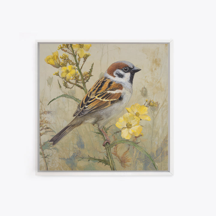 Small Sparrow on Wildflower Stem Framed Canvas Print, Bird Art, Nature Wall Art, Living Room Decor, Fine Art, Flight, BIR-1x1-38