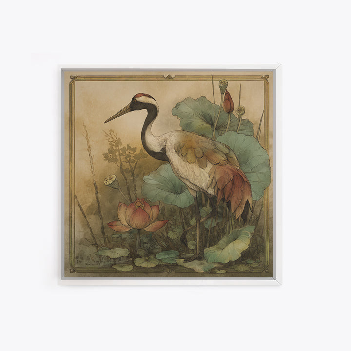 Crane and Lotus Composition Framed Canvas Print, Bird Art, Gallery Decor, Living Room Decor, Fine Art, Flight, Contemporary Art, BIR-1x1-41