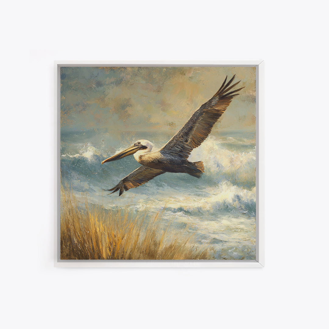 Pelican Flying over Coastal Waves Framed Canvas Print, Bird Art, Digital Download Art, Living Room Decor, Abstract Art, Flight, BIR-1x1-42