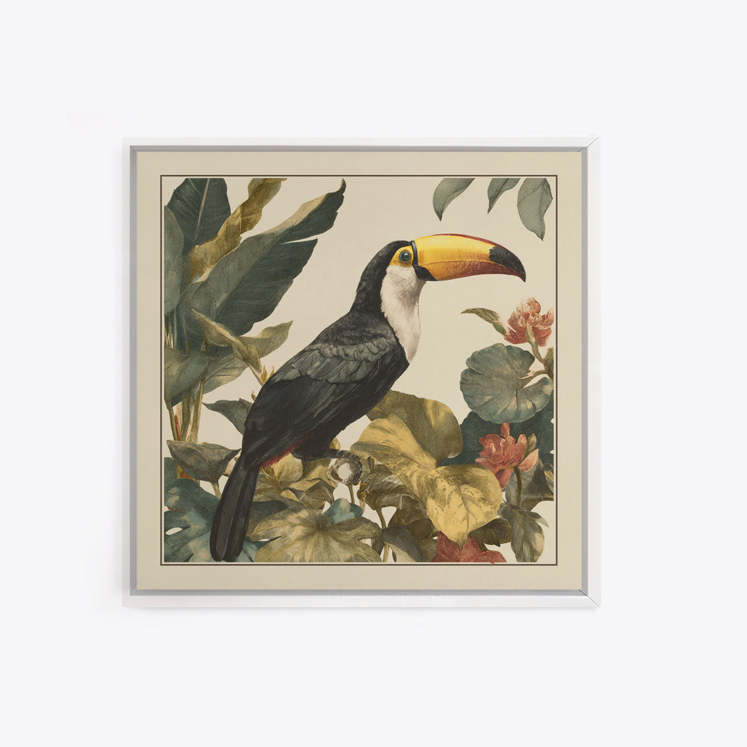 Toucan Framed by Bold Jungle Foliage Framed Canvas Print, Bird Art, Boho Wall Decor, Living Room Decor, Fine Art, Flight, BIR-1x1-47