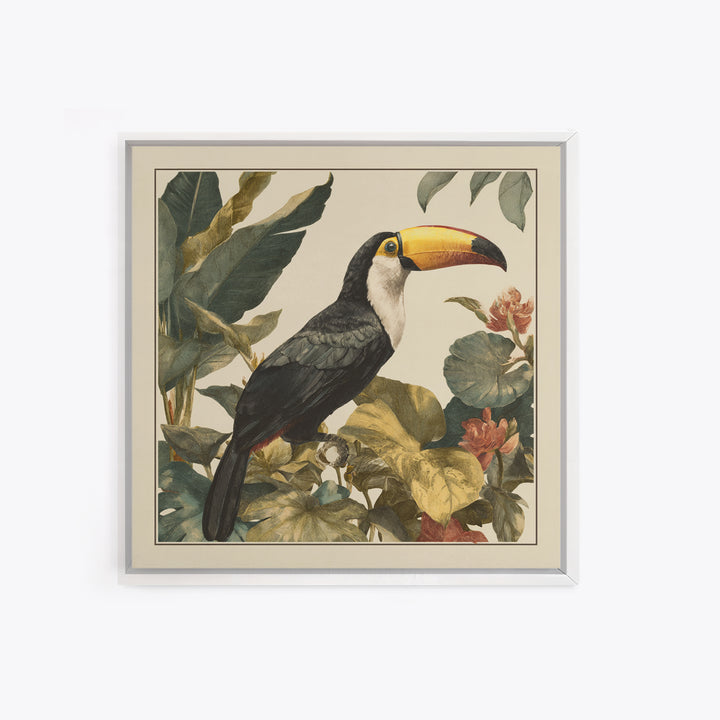 Toucan Framed by Bold Jungle Foliage Framed Canvas Print, Bird Art, Boho Wall Decor, Living Room Decor, Fine Art, Flight, BIR-1x1-47