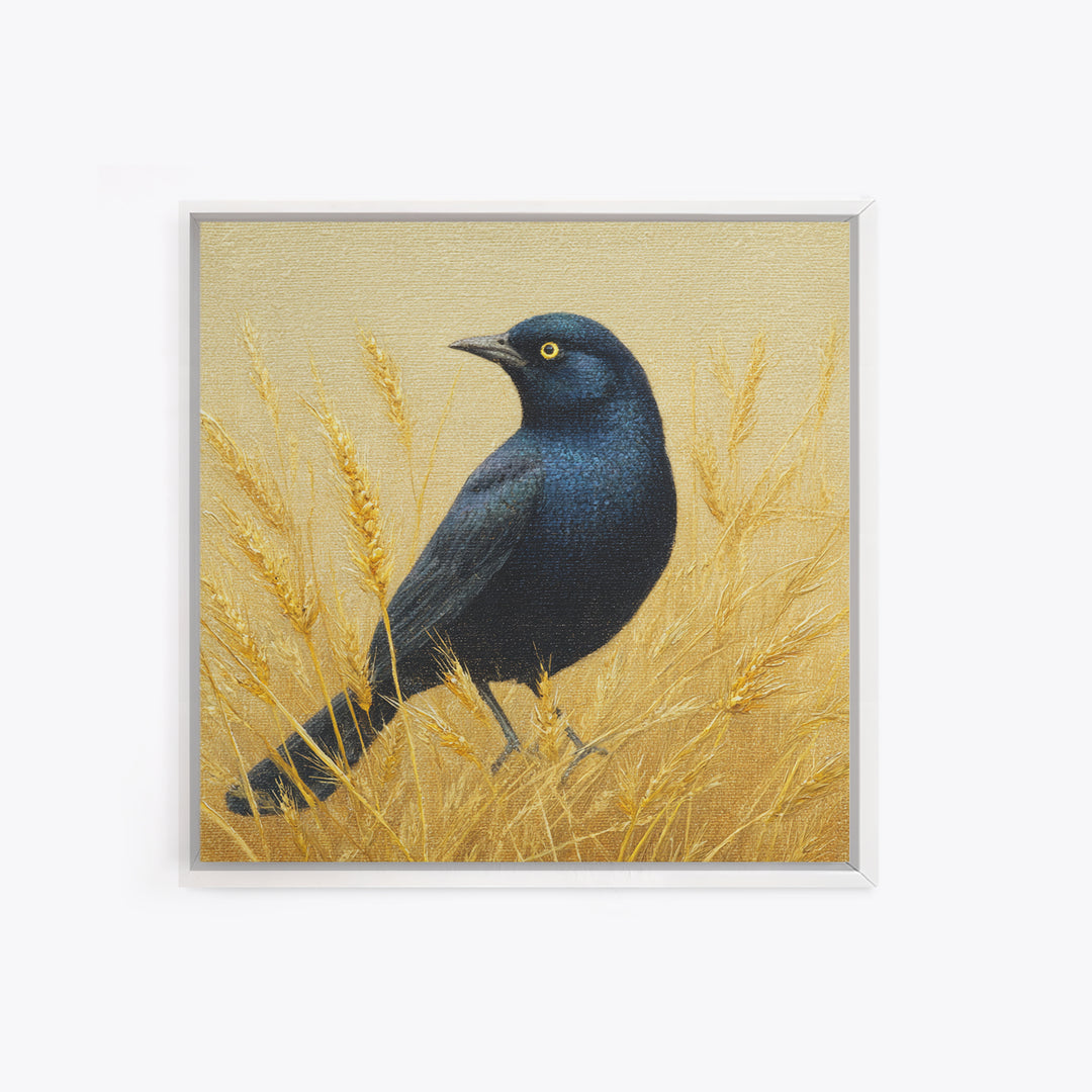 Blackbird on Gold Wheat Field Framed Canvas Print, Bird Art, Wall Decor, Living Room Decor, Fine Art, Flight, Boho Wall Decor, BIR-1x1-48