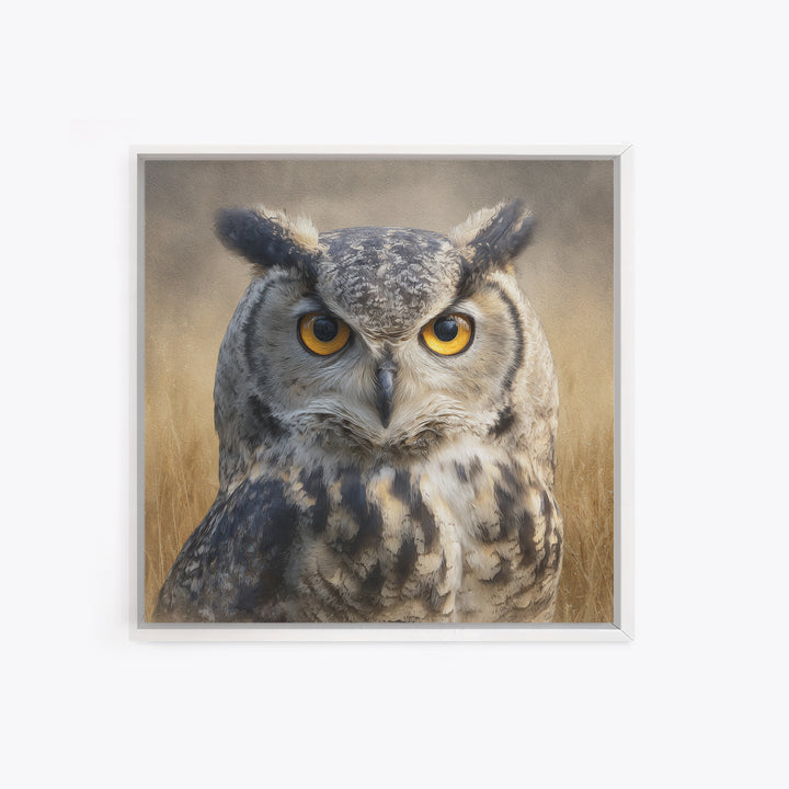 Owl Portrait with Wise Golden Eyes Canvas Print, Bird Art, Rustic Home Decor, Living Room Decor, Oil Painting, Flight, BIR-1x1-5