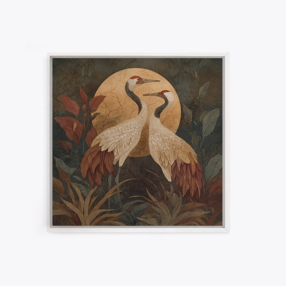Pair of Cranes Dancing Framed Canvas Print, Bird Art, Nature Wall Art, Living Room Decor, Oil Painting, Flight, BIR-1x1-51