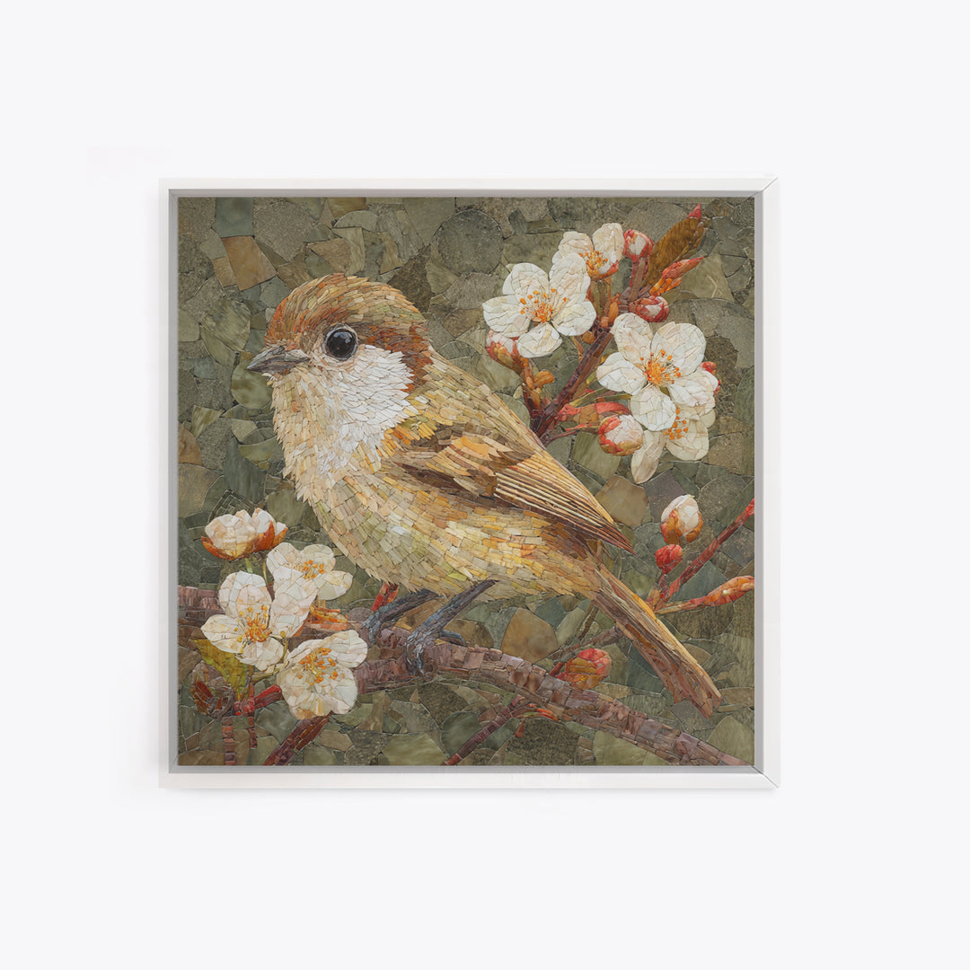 Songbird Perched on Cherry Blossoms Framed Canvas Print, Bird Art, Farmhouse Decor, Living Room Decor, Fine Art, Flight, BIR-1x1-56
