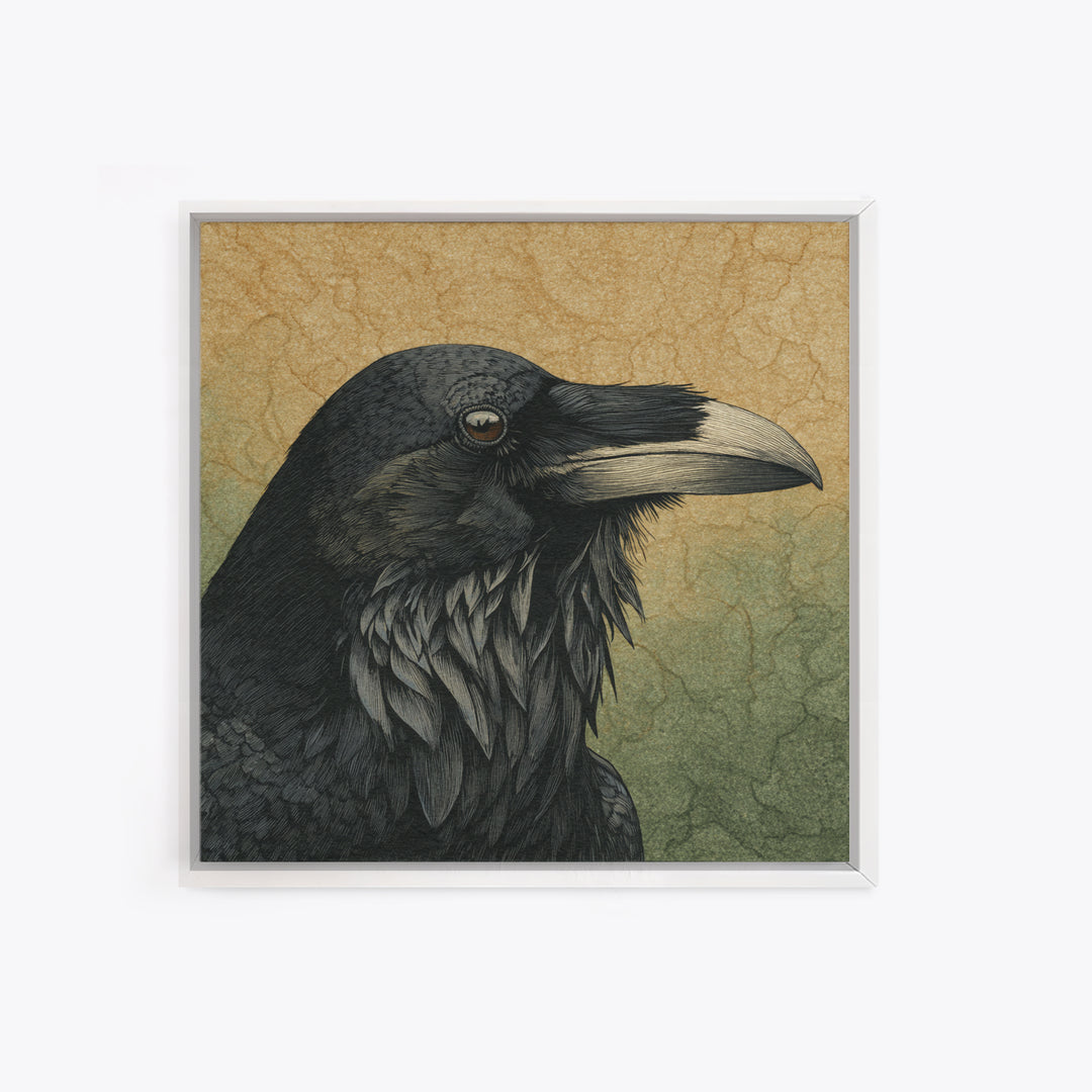 Raven Silhouette with Gothic Atmosphere Framed Canvas Print, Bird Art, Statement Artwork, Living Room Decor, Abstract Art, BIR-1x1-57