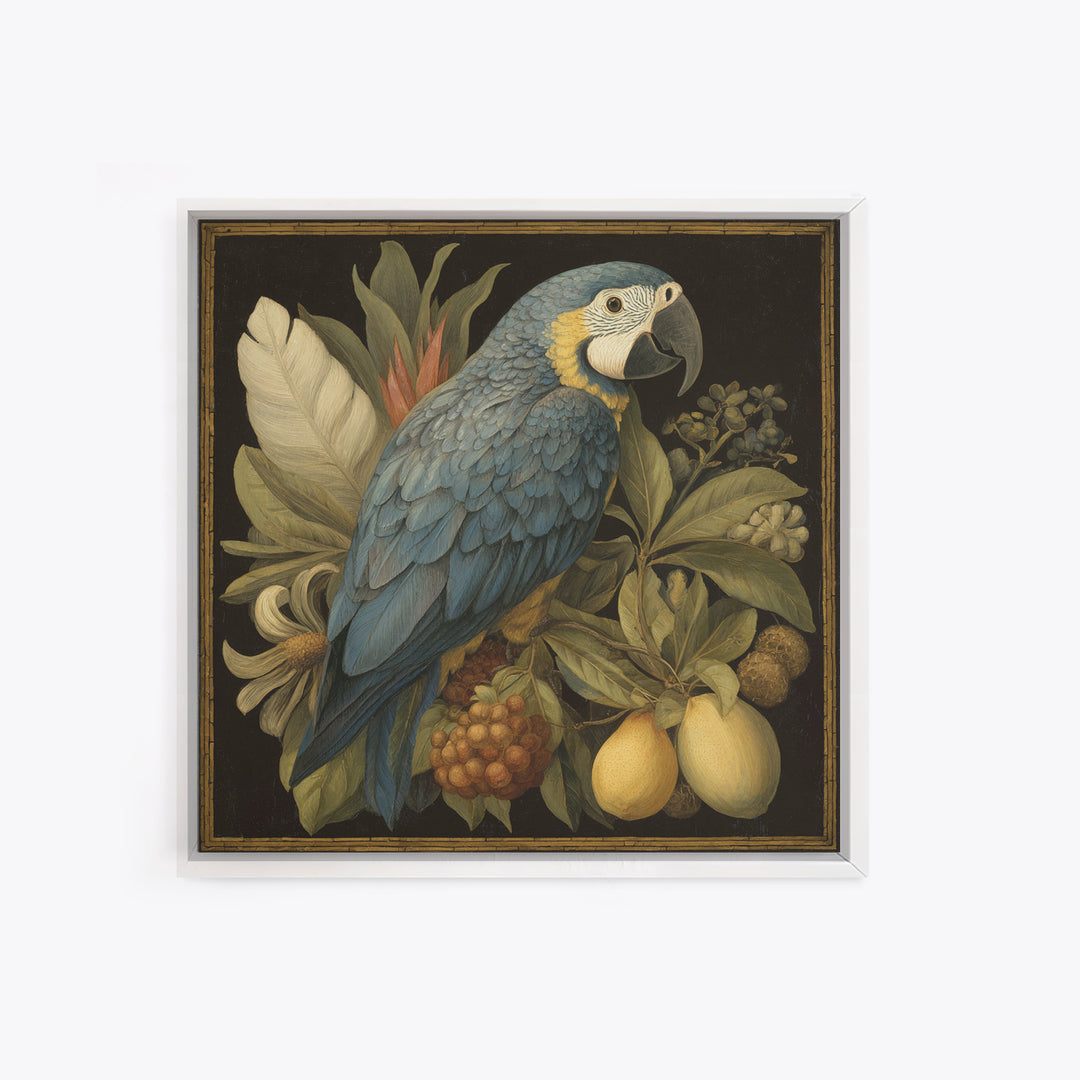 Parrot Among Tropical Leaves and Fruit Framed Canvas Print, Bird Art, Forest Wall Art, Living Room Decor, Oil Painting, Flight, BIR-1x1-61
