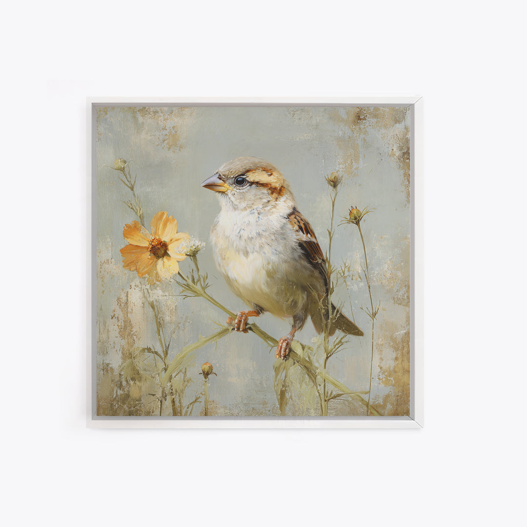 Small Sparrow on Wildflower Stem Framed Canvas Print, Bird Art, Nature Wall Art, Living Room Decor, Fine Art, Flight, BIR-1x1-62