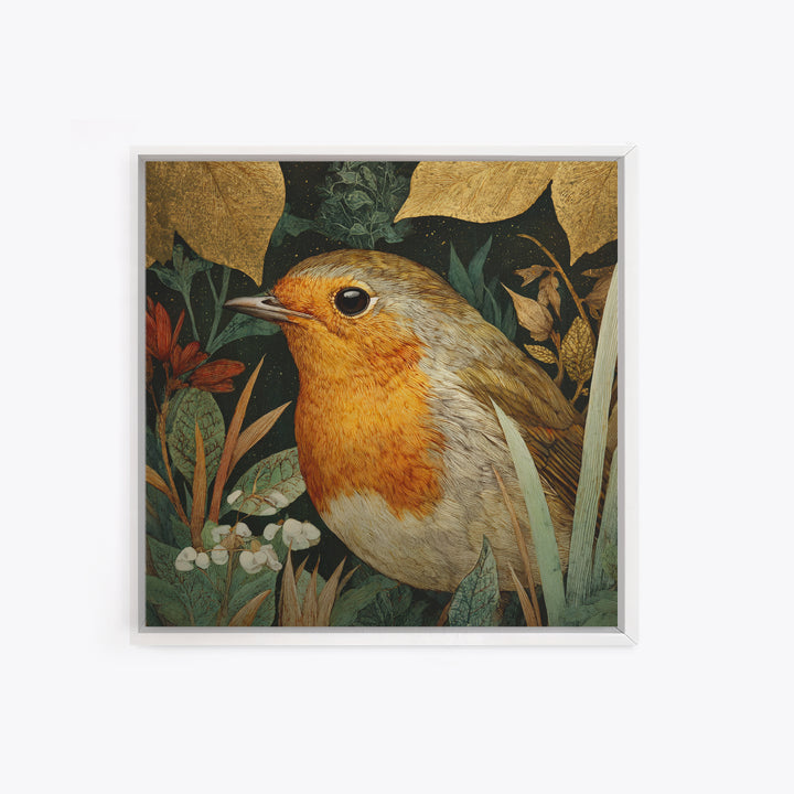 Robin in a Spring Garden with Soft Framed Canvas Print, Bird Art, Forest Wall Art, Living Room Decor, Oil Painting, Flight, BIR-1x1-63