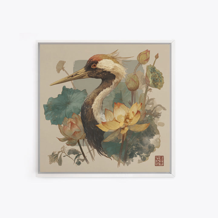 Crane and Lotus Composition Framed Canvas Print, Bird Art, Gallery Decor, Living Room Decor, Fine Art, Flight, Contemporary Art, BIR-1x1-65