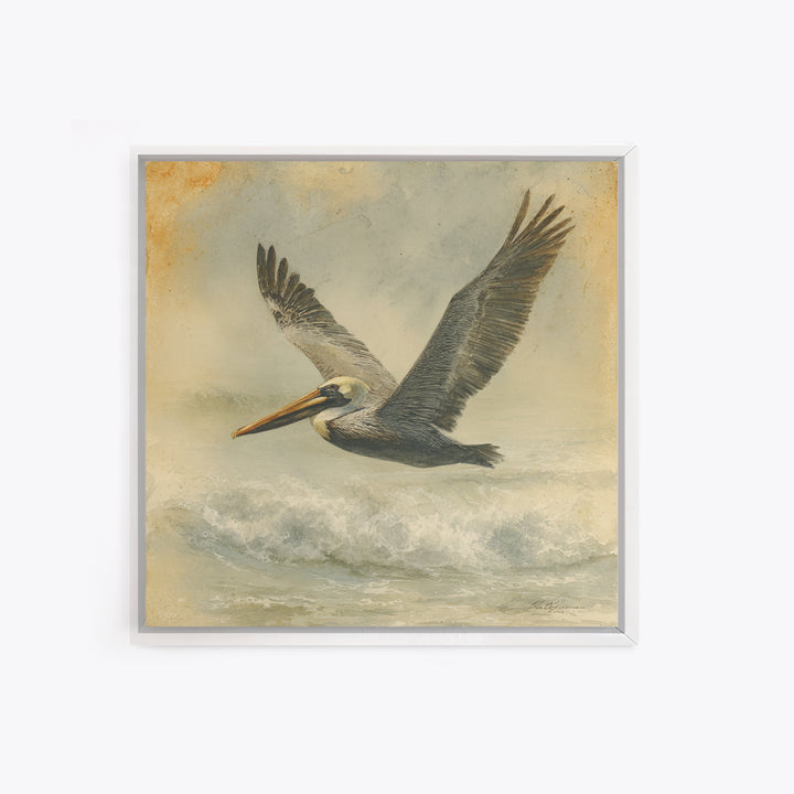 Pelican Flying over Coastal Waves Framed Canvas Print, Bird Art, Digital Download Art, Living Room Decor, Abstract Art, Flight, BIR-1x1-66