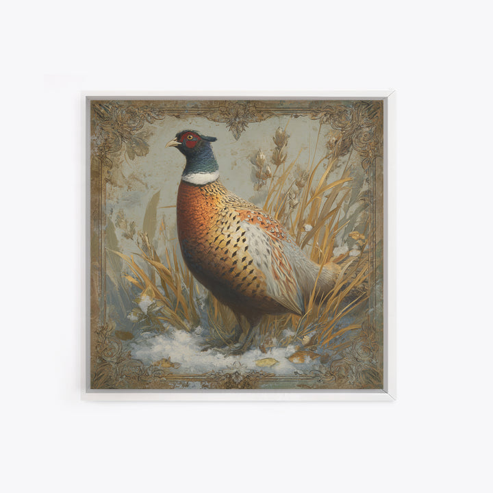 Pheasant with Ornate Feather Details Framed Canvas Print, Bird Art, Gallery Decor, Living Room Decor, Fine Art, Flight, BIR-1x1-67