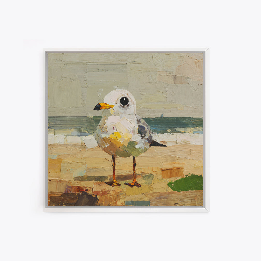 Seagulls Above a Pale Beach Horizon Framed Canvas Print, Bird Art, Digital Download Art, Living Room Decor, Oil Painting, BIR-1x1-68