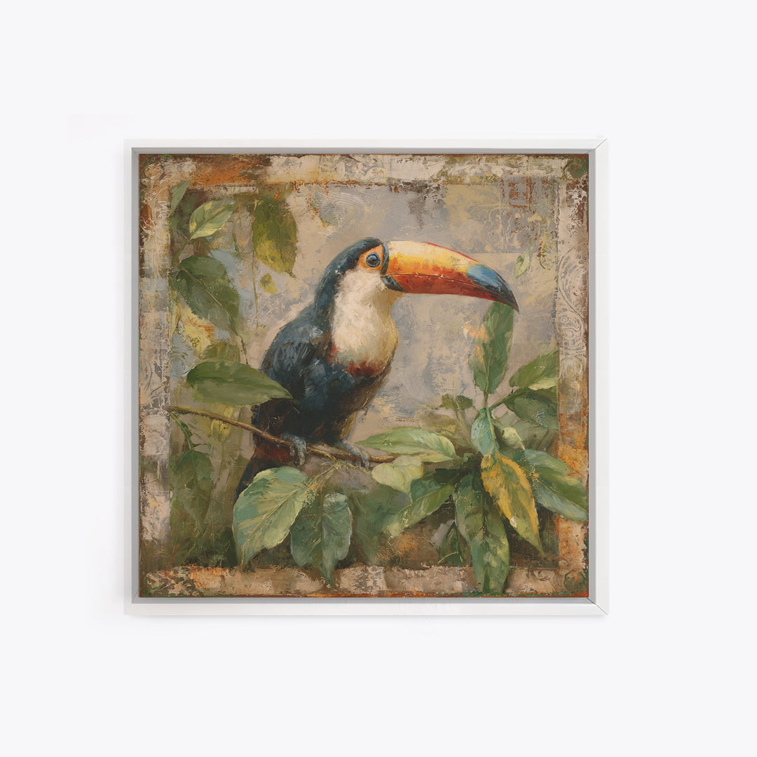 Toucan Framed by Bold Jungle Foliage Framed Canvas Print, Bird Art, Bird Wall Art, Living Room Decor, Fine Art, Flight, BIR-1x1-71