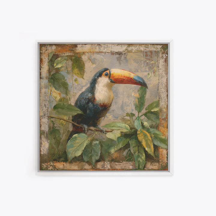 Toucan Framed by Bold Jungle Foliage Framed Canvas Print, Bird Art, Bird Wall Art, Living Room Decor, Fine Art, Flight, BIR-1x1-71